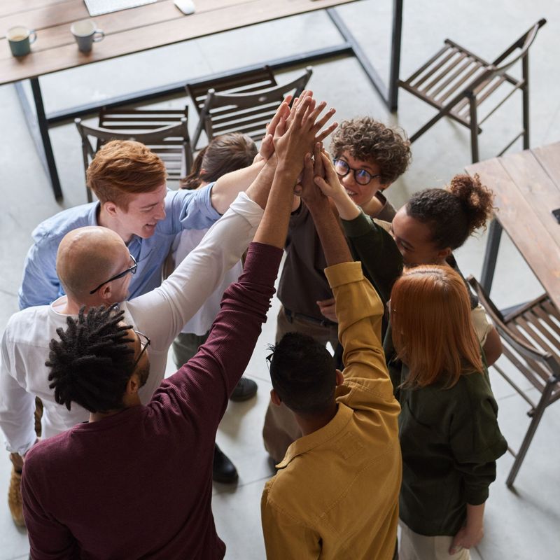 Team members celebrating with a group high five